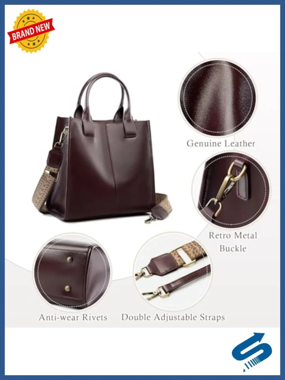 Genuine Leather Tote Bag Women Work Purse Crossbody 2 Adjustable Straps Large